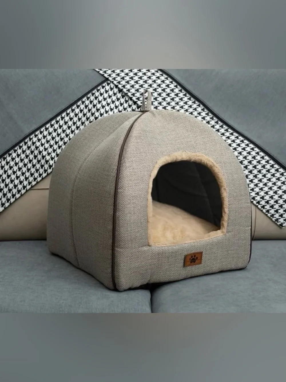 Plush Beige Indoor Small Pet Cozy Cave Bed